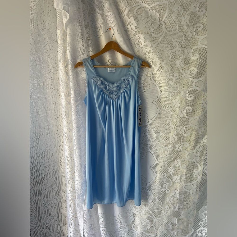 Vintage Lorraine Blue Nylon Nightgown Deadstock Lace Trim Sleeveless Lingerie - Picture 3 of 10